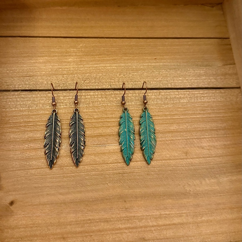Elegant Feather Earrings in Turquoise and Bronze